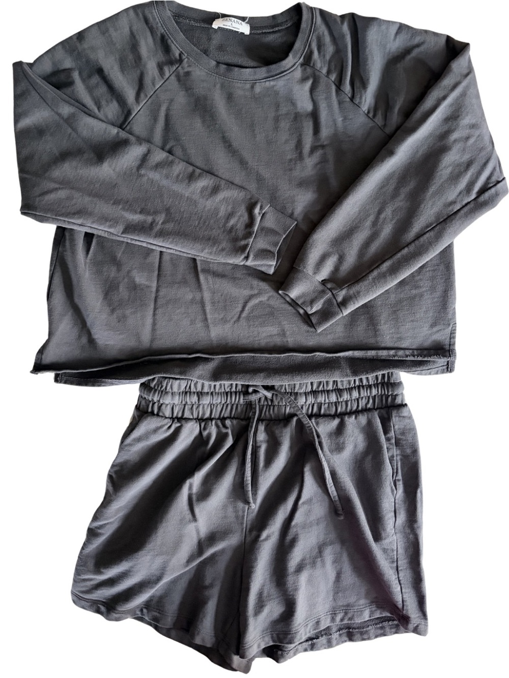 Zenana Outfitters Charcoal Gray Crewneck Shirt and drawstring shorts set, L